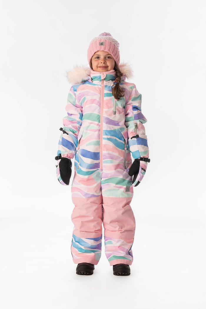 Child wearing the multicolored line print Deux par Deux PLAY one-piece snowsuit, front view