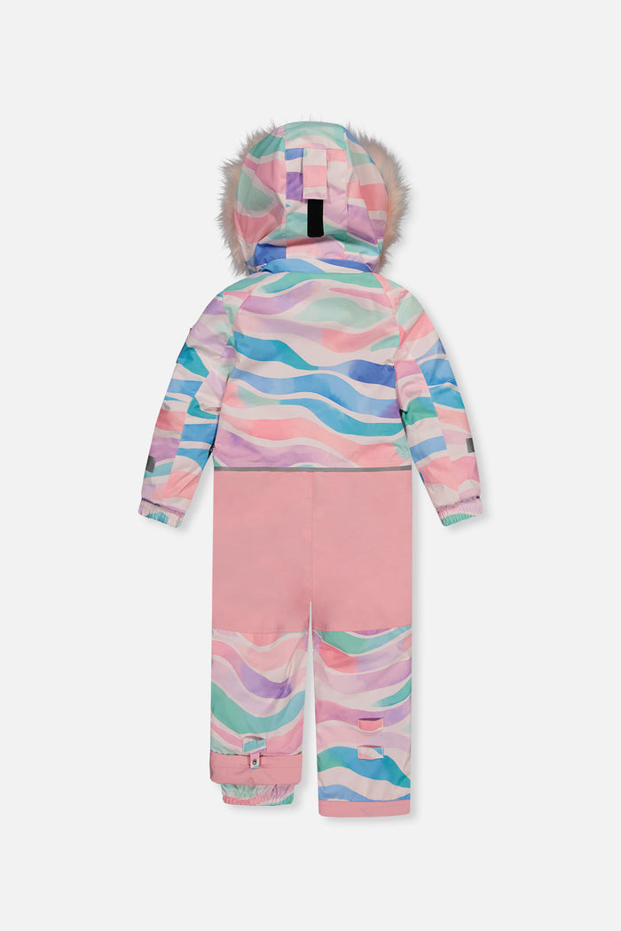 Multicolored line print Deux par Deux PLAY one-piece snowsuit with pink seat panel, back view