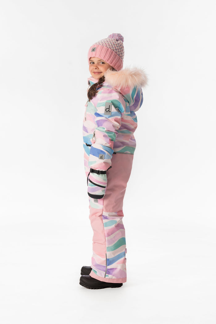 Child wearing the multicolored line print Deux par Deux PLAY one-piece snowsuit, side view