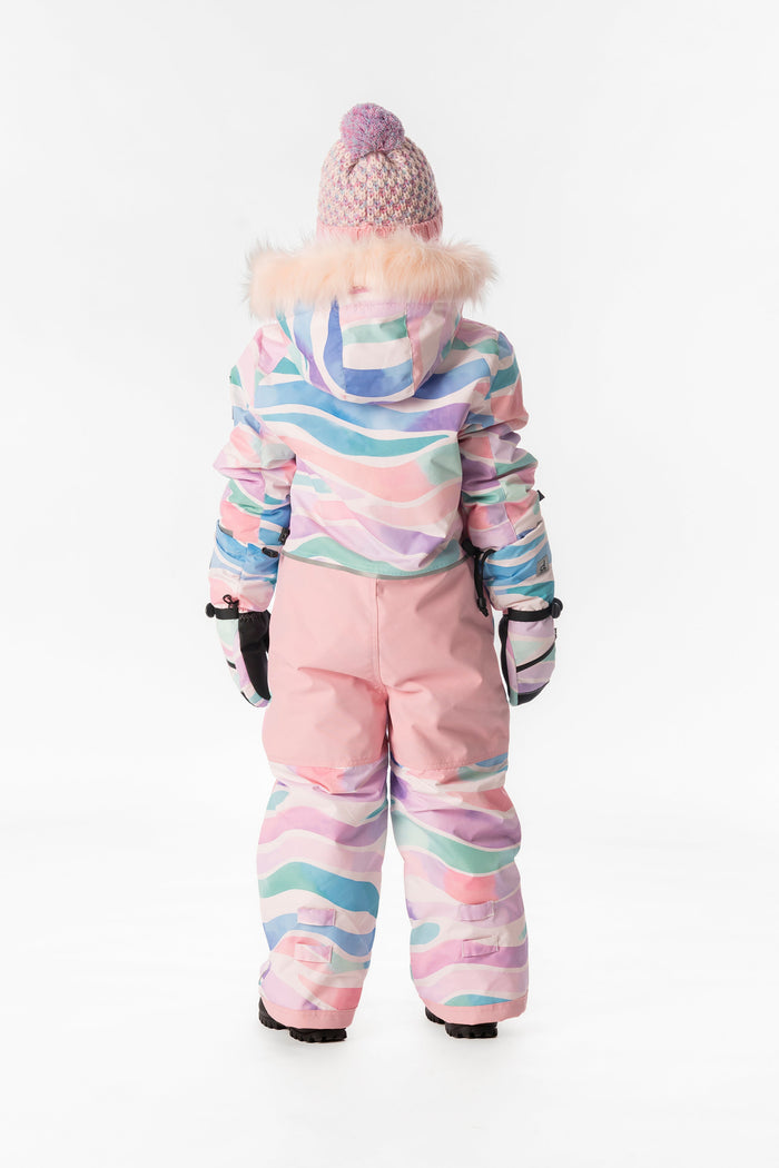 Child wearing the multicolored line print Deux par Deux PLAY one-piece snowsuit, back view