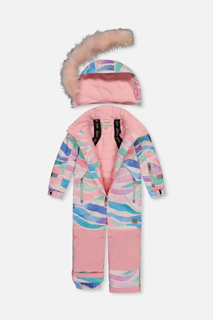 Multicolored line print PLAY one-piece snowsuit unzipped with the faux-fur hood detached, showing the lining