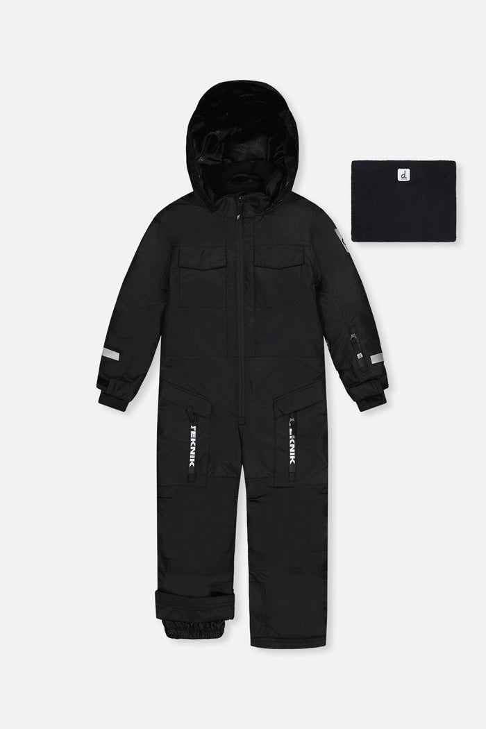 Deux par Deux TEKNIK one-piece snowsuit in black with neck warmer, front view