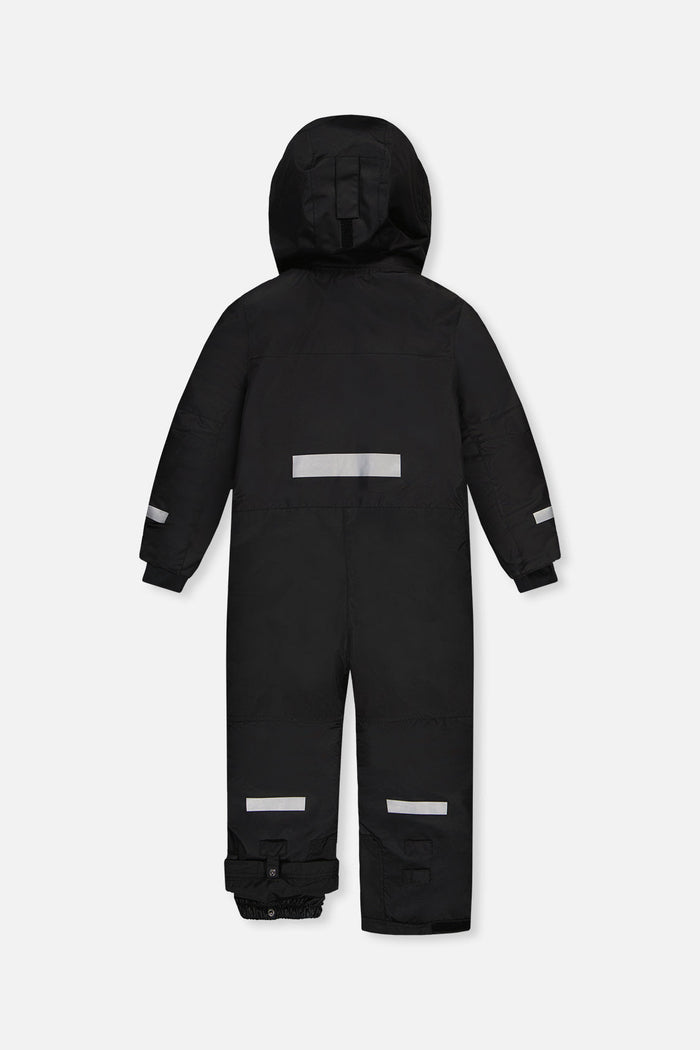 Black Deux par Deux TEKNIK one-piece snowsuit with reflective strips, back view