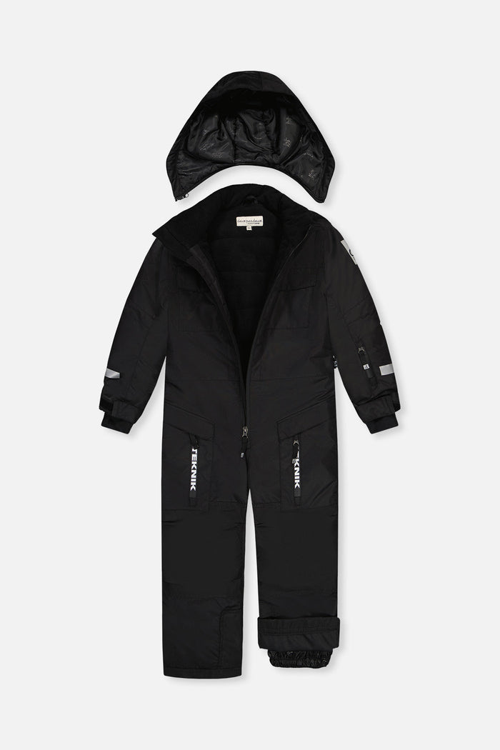 Black TEKNIK one-piece snowsuit unzipped with the hood detached, showing the fleece lining
