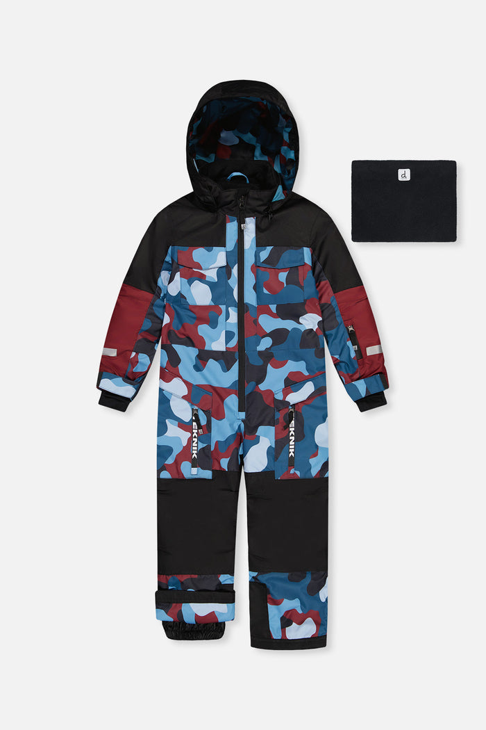 Deux par Deux TEKNIK one-piece snowsuit in blue and red camouflage with neck warmer, front view