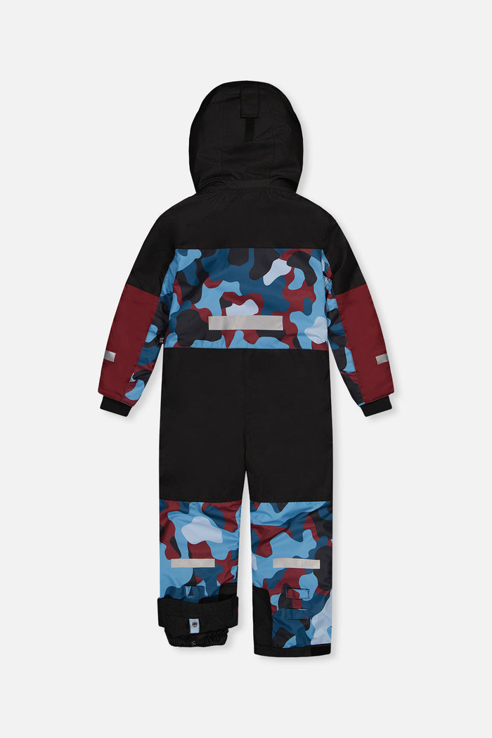 Blue and red camouflage Deux par Deux TEKNIK one-piece snowsuit with black seat panel, back view