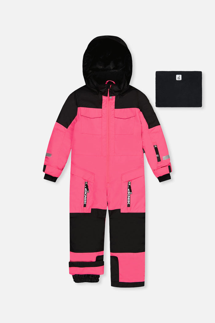 Deux par Deux TEKNIK one-piece snowsuit in bright pink and black with neck warmer, front view