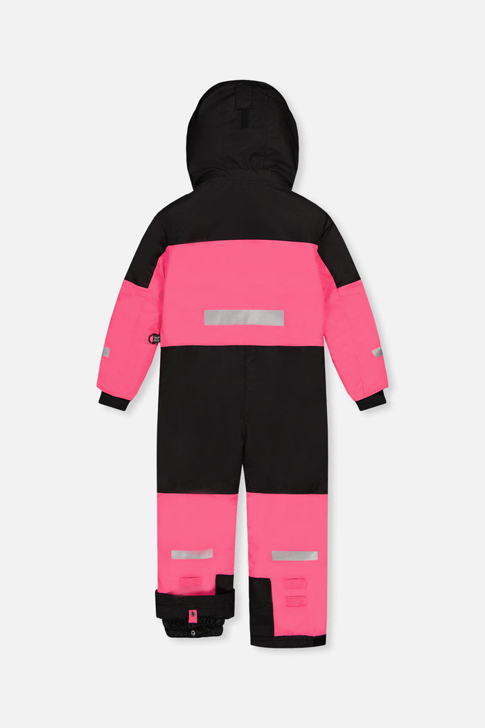 Bright pink and black Deux par Deux TEKNIK one-piece snowsuit with reflective strips, back view