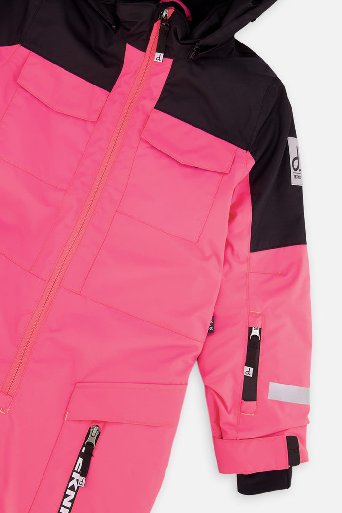 Close-up of the bright pink chest pocket, black shoulder and sleeve zip pocket on the TEKNIK snowsuit