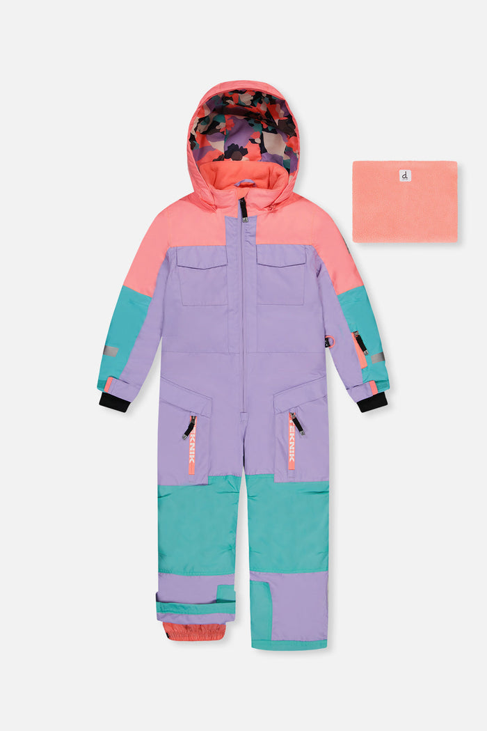 Deux par Deux TEKNIK one-piece snowsuit in lavender, turquoise and orange with neck warmer, front view