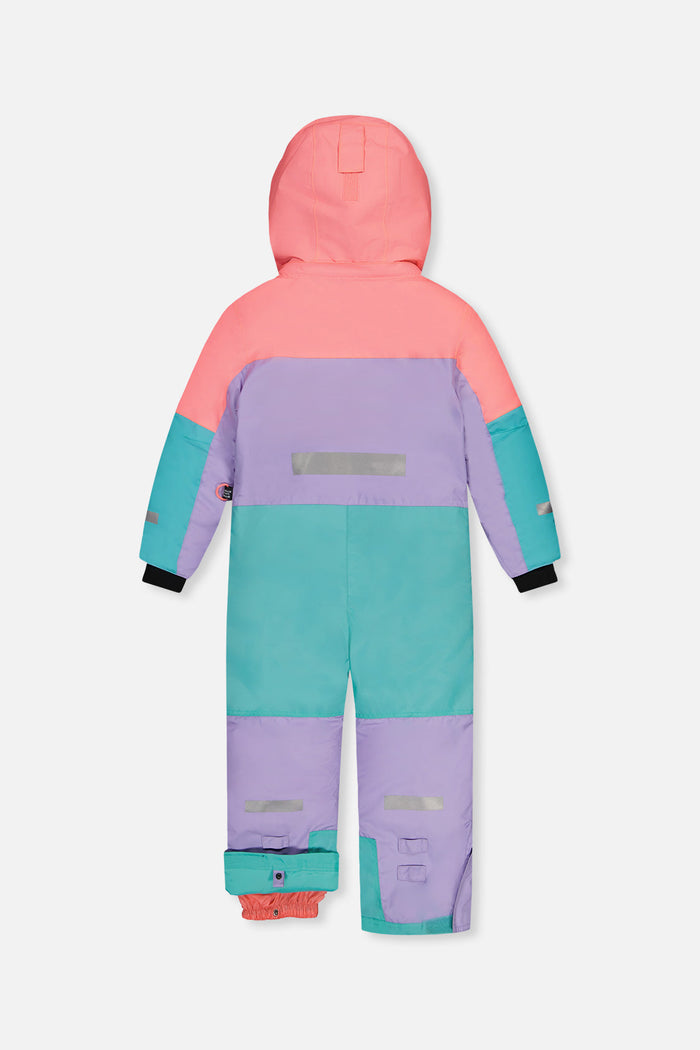 Lavender, turquoise and orange Deux par Deux TEKNIK one-piece snowsuit with reflective strip, back view