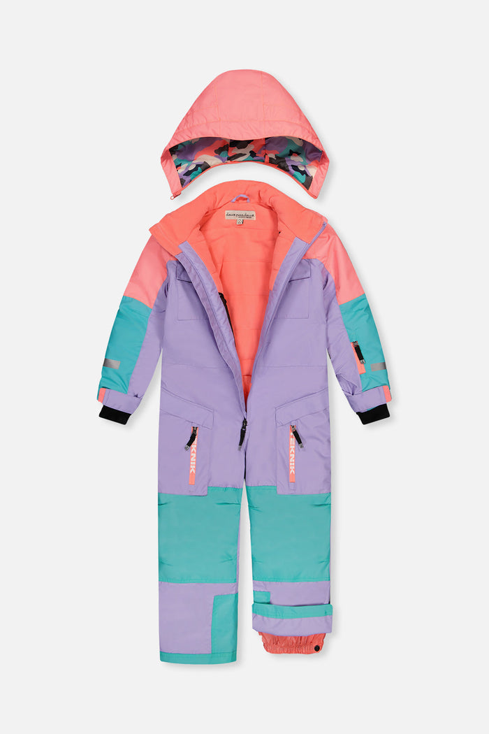 Lavender, turquoise and orange TEKNIK one-piece unzipped with the hood detached, showing the lining