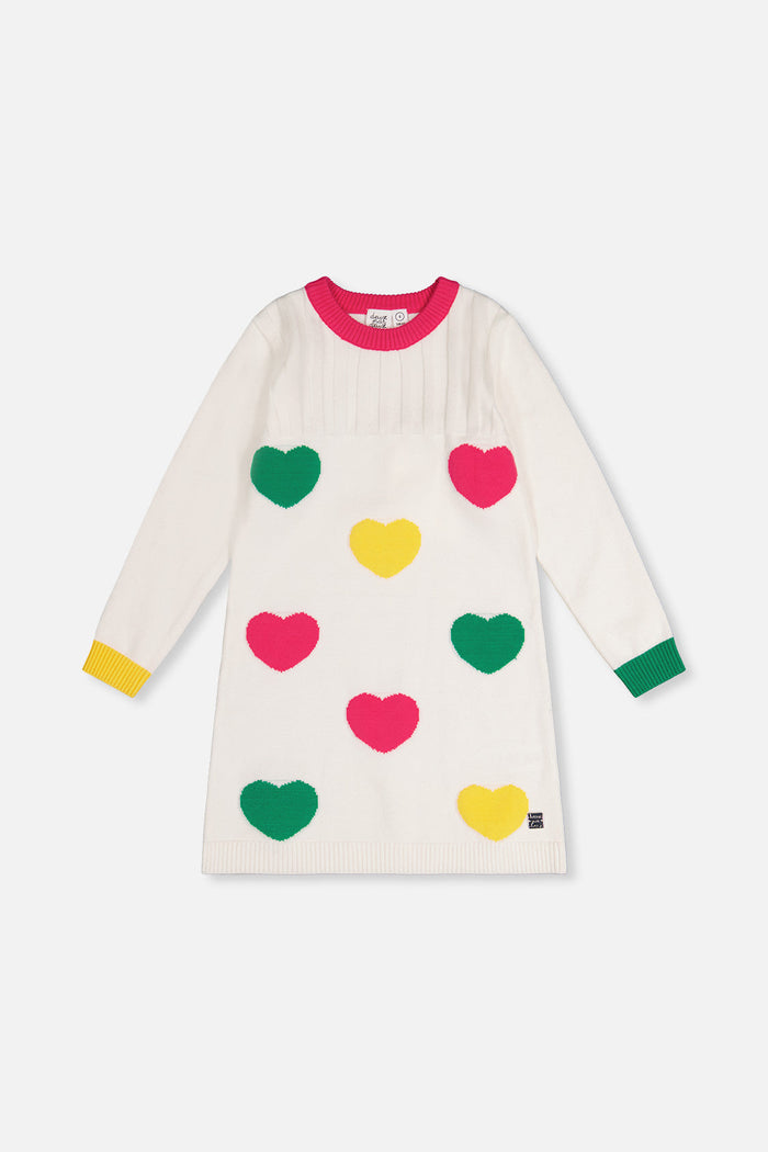Deux par Deux girls' heart jacquard knit dress in off-white, green and pink – front view