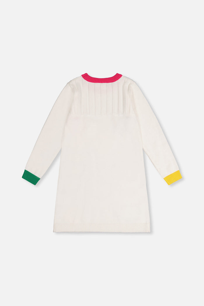 Deux par Deux girls' heart jacquard knit dress in off-white, green and pink – back view