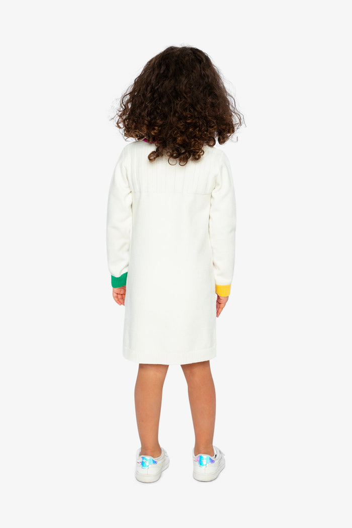 Deux par Deux girls' heart jacquard knit dress in off-white, green and pink – on a child model, back view