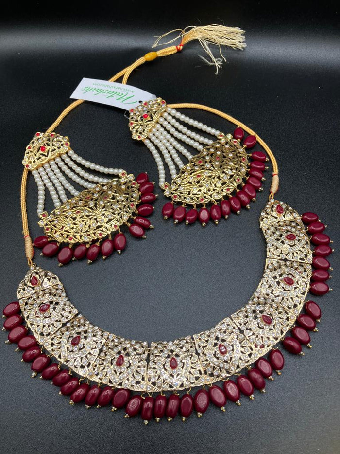 KUNDAN RED PEARLS & STONES GOLD-BASED EARRINGS WITH KUNDAN WORK CHOKER HYDERABADI STYLE JEWELRY SET - NATASHAHS