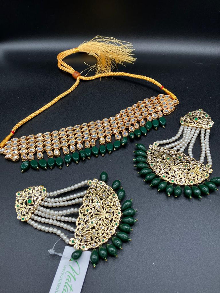 KUNDAN RED PEARLS & STONES GOLD-BASED EARRINGS WITH KUNDAN WORK CHOKER HYDERABADI STYLE JEWELRY SET - NATASHAHS