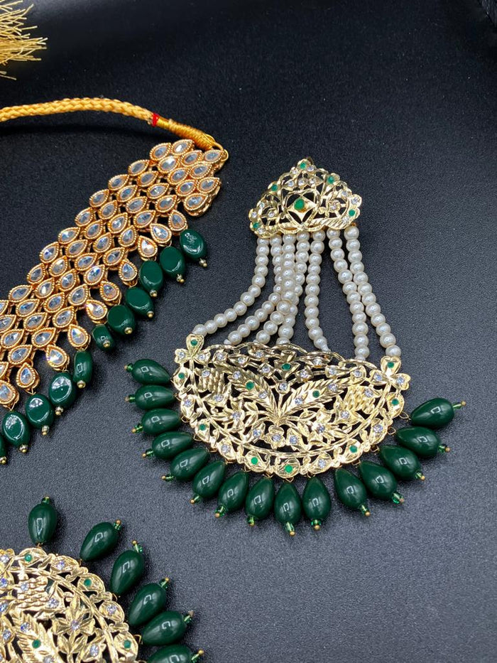 KUNDAN RED PEARLS & STONES GOLD-BASED EARRINGS WITH KUNDAN WORK CHOKER HYDERABADI STYLE JEWELRY SET - NATASHAHS