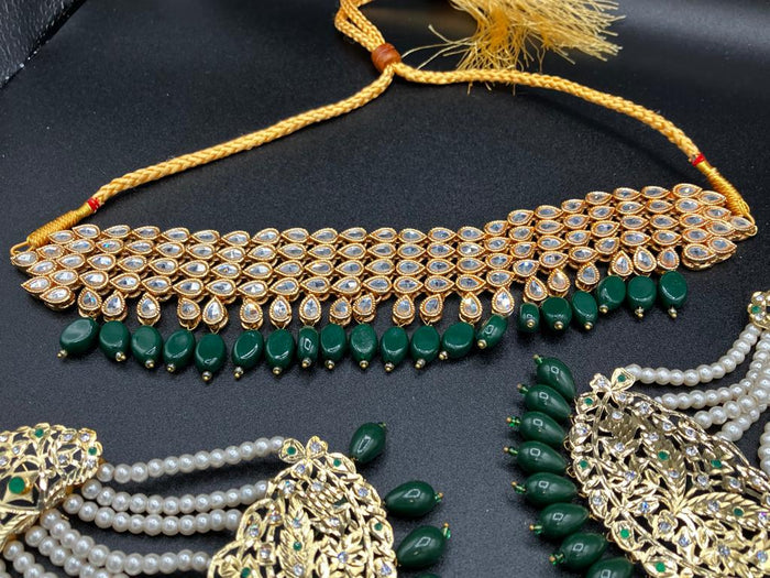 KUNDAN RED PEARLS & STONES GOLD-BASED EARRINGS WITH KUNDAN WORK CHOKER HYDERABADI STYLE JEWELRY SET - NATASHAHS