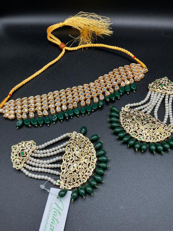 KUNDAN RED PEARLS & STONES GOLD-BASED EARRINGS WITH KUNDAN WORK CHOKER HYDERABADI STYLE JEWELRY SET - NATASHAHS