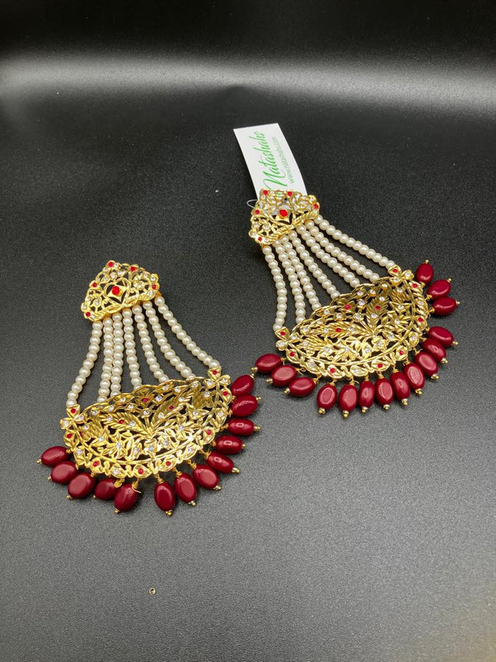 KUNDAN RED PEARLS & STONES GOLD-BASED EARRINGS WITH KUNDAN WORK CHOKER HYDERABADI STYLE JEWELRY SET - NATASHAHS