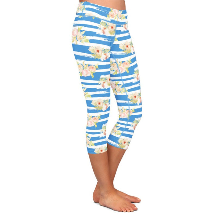 Ladies 3D Blue & White Stripes With Flowers Printed Capri Leggings