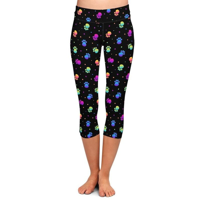 Ladies 3D Colourful Rainbow Dog Paws Printed Capri Leggings