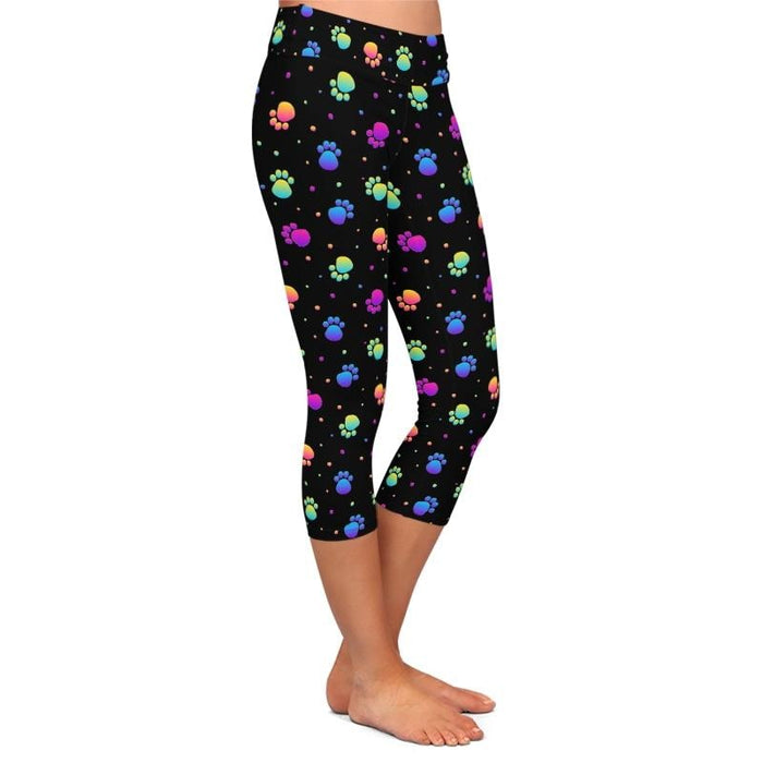 Ladies 3D Colourful Rainbow Dog Paws Printed Capri Leggings