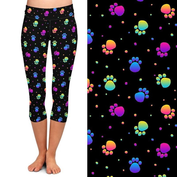 Ladies 3D Colourful Rainbow Dog Paws Printed Capri Leggings