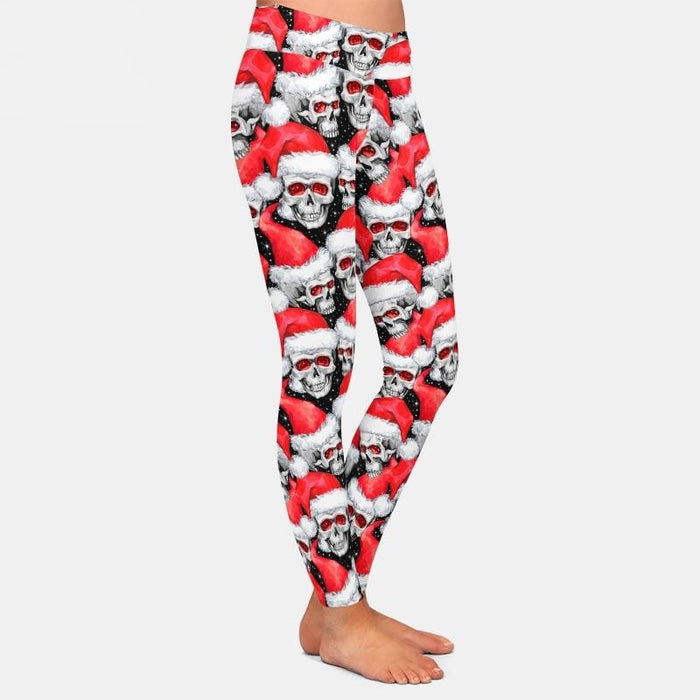 Ladies 3D Sketchy Skulls In Santa Hats Printed Leggings