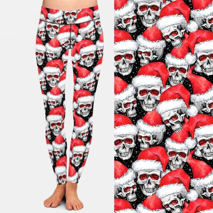 Ladies 3D Sketchy Skulls In Santa Hats Printed Leggings