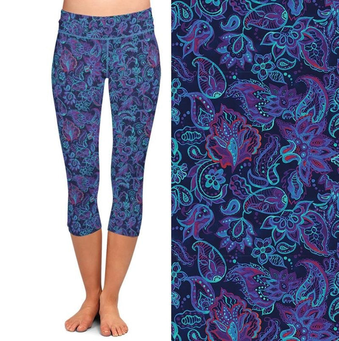 Ladies Beautiful Blue Paisley Printed Capri Leggings