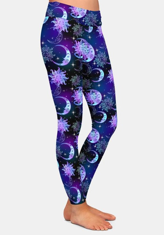 Ladies Beautiful Night Sky Sun Moon and Stars Digital Printed Leggings
