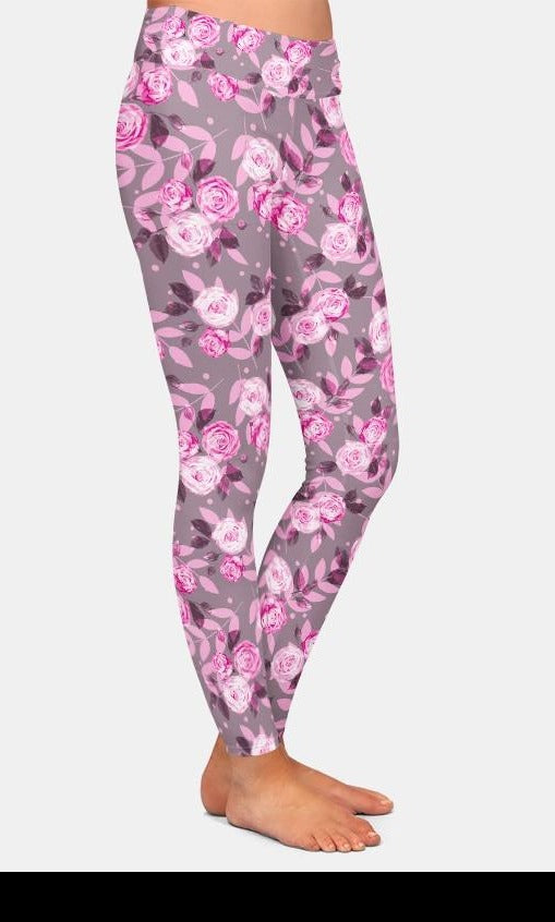 Ladies Beautiful Pink Roses Printed Leggings