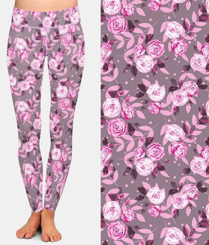 Ladies Beautiful Pink Roses Printed Leggings