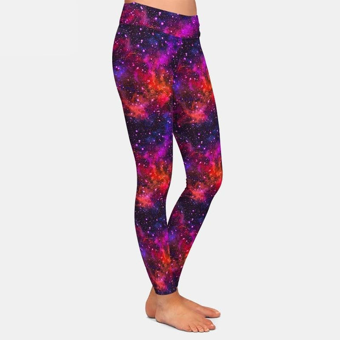 Ladies Beautiful Red/Purple Galaxy Design Leggings