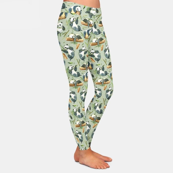 Ladies Black & White Pandas On Stones & Logs Printed Leggings