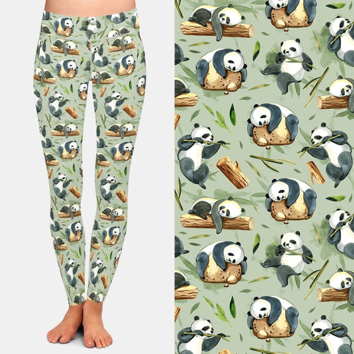 Ladies Black & White Pandas On Stones & Logs Printed Leggings