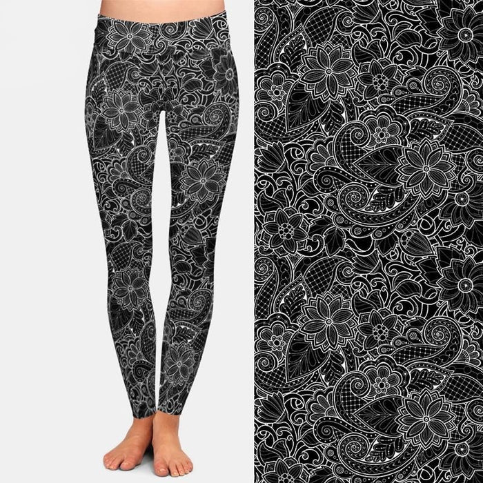 Ladies Black With White Lace Printed Leggings