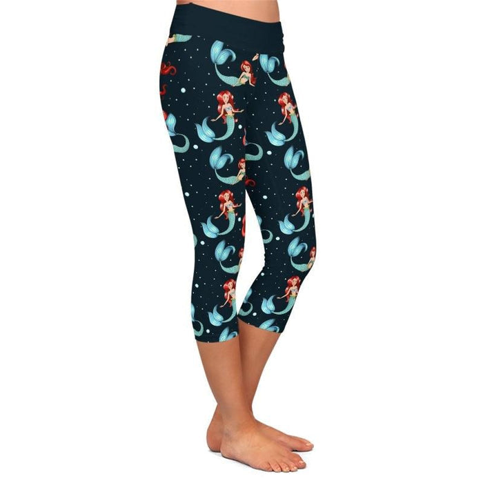 Ladies Cartoon Mermaids Printed Capri Leggings