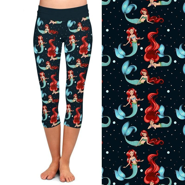 Ladies Cartoon Mermaids Printed Capri Leggings