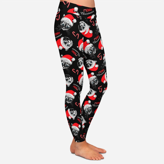 Ladies Christmas Black Cats & Santa Hats Printed Leggings