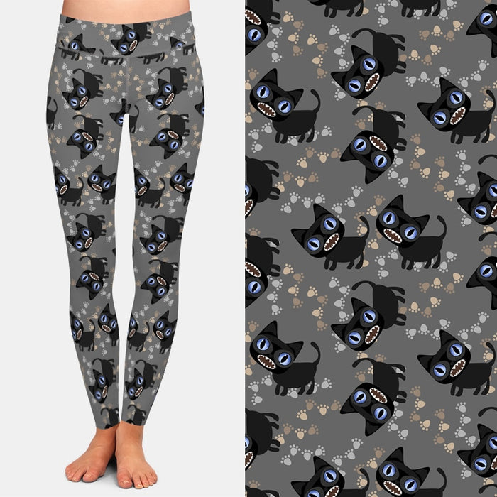 Ladies Cute Black Cat & Footprints Printed Leggings