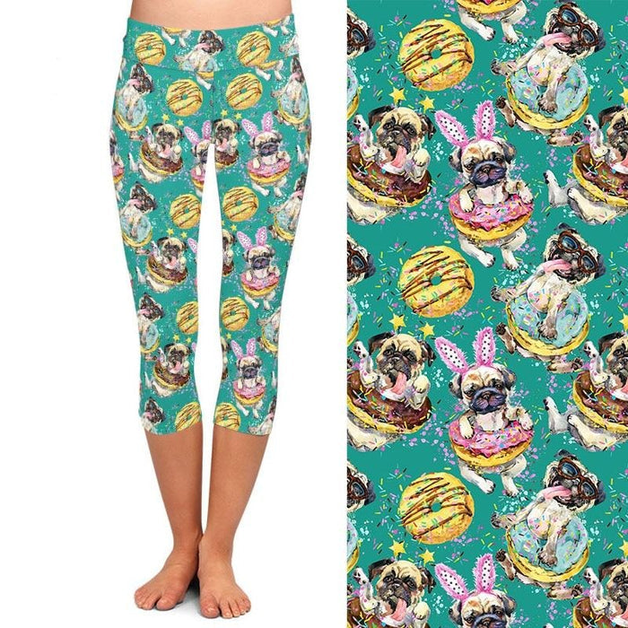 Ladies Cute Dogs & Donuts Printed Capri Leggings