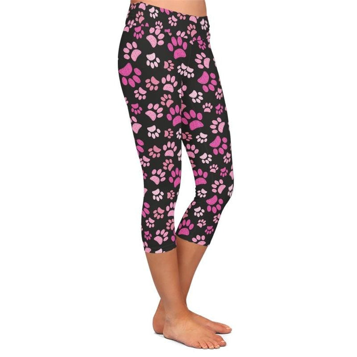 Ladies Cute Pink Dog Paws Printed Capri Leggings