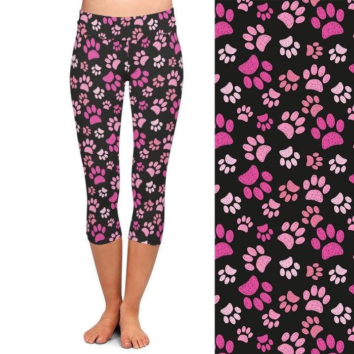Ladies Cute Pink Dog Paws Printed Capri Leggings