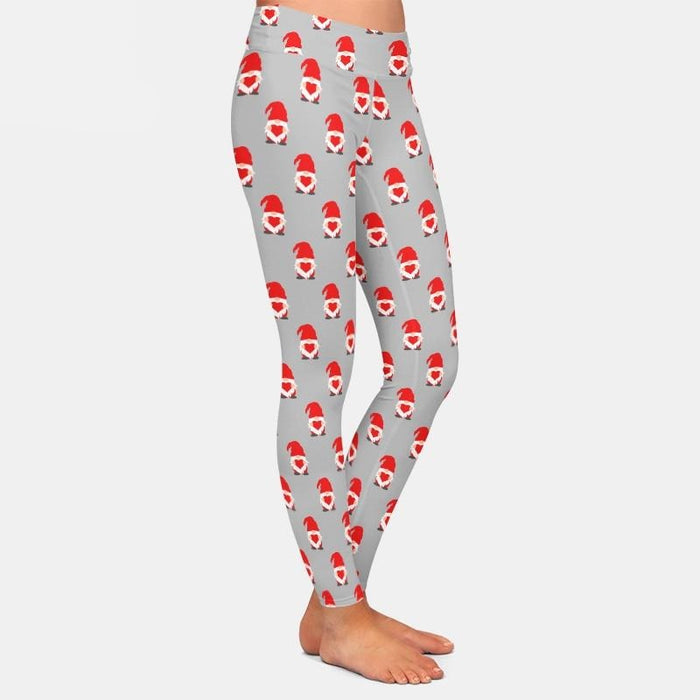 Ladies Cute Valentines Gnomes In Red Hats Printed Leggings