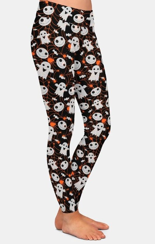 Ladies Fashion Halloween Spiderwebs and Ghosts Printed Leggings