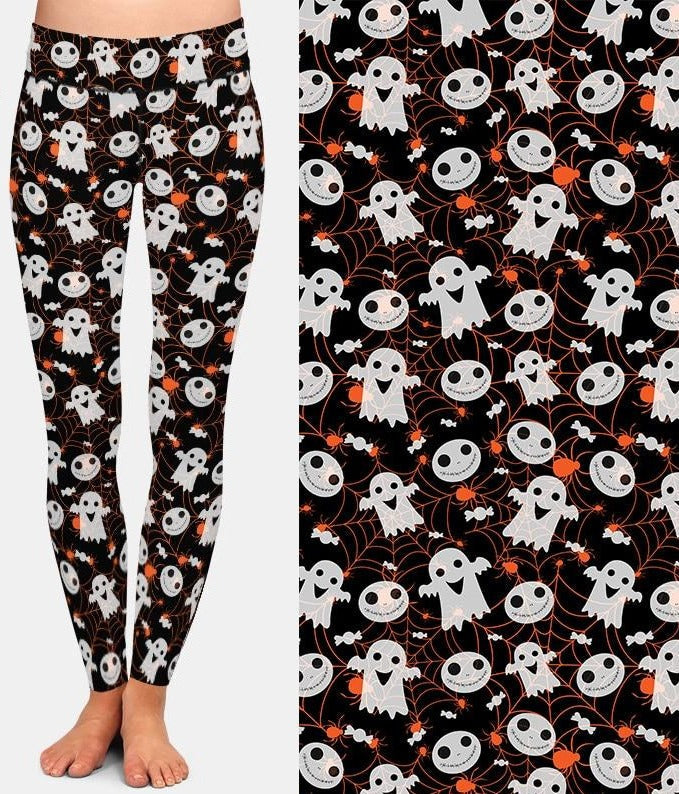 Ladies Fashion Halloween Spiderwebs and Ghosts Printed Leggings