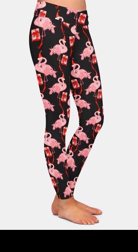 Ladies Gorgeous Christmas Flamingos With Presents, Trees & Santa Hats Leggings